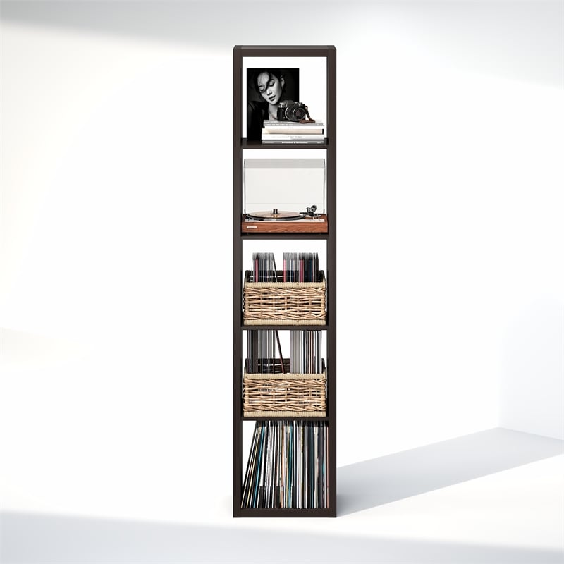 Furinno CUBICLE Vintage Vinyl Record Media Storage Organizer 5-Cube Dark Oak