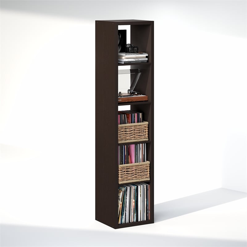 Furinno CUBICLE Vintage Vinyl Record Media Storage Organizer 5-Cube Dark Oak