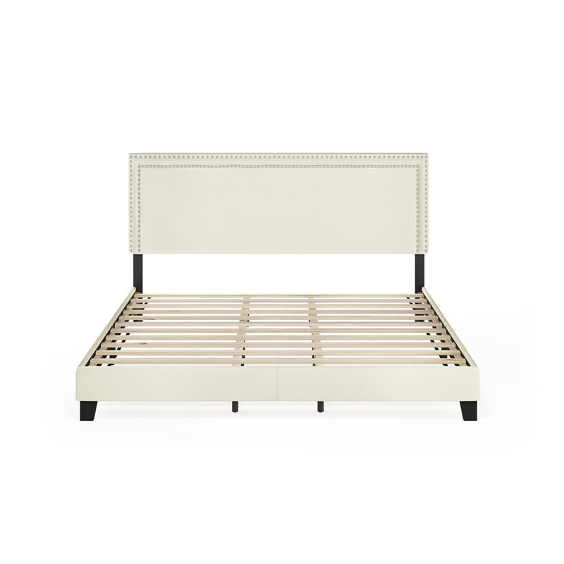 Furinno LAVAL King Bedframe Button Double Row Nail Headboard Light Beige