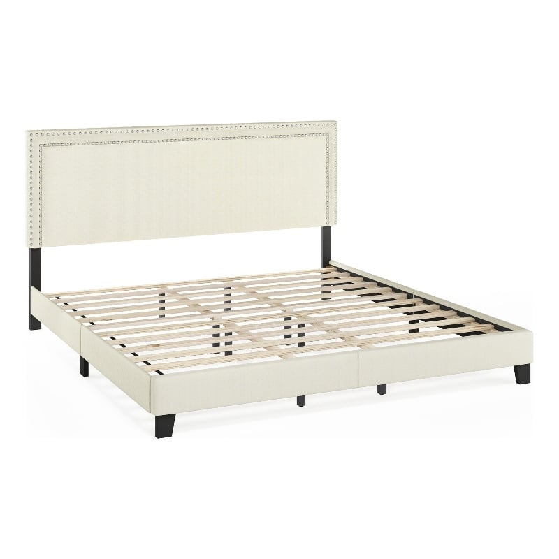 Furinno LAVAL King Bedframe Button Double Row Nail Headboard Light Beige