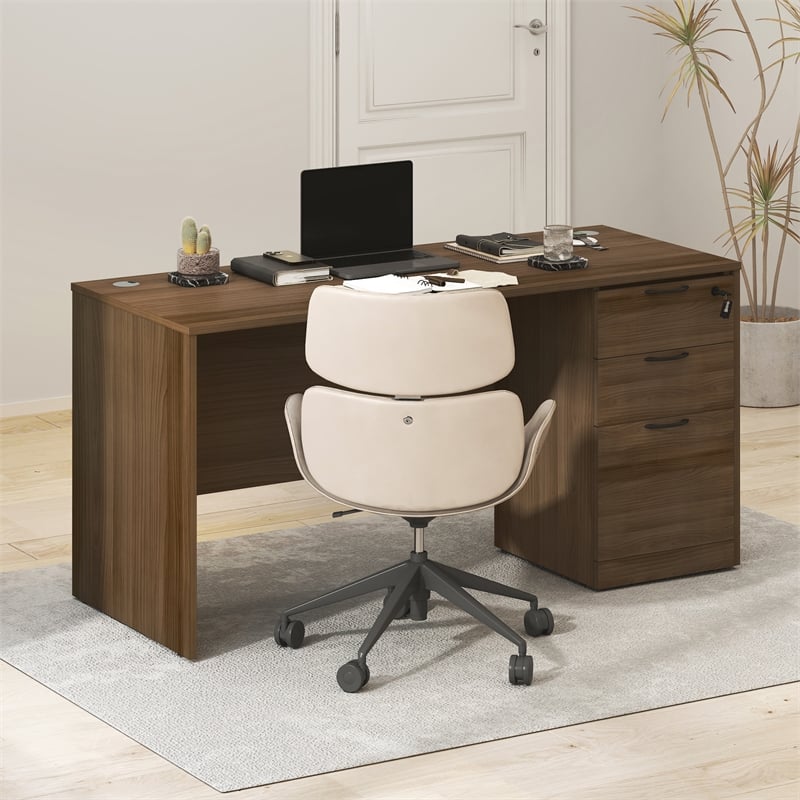 Furinno ROGER 3-Drawer Fixed Pedestal Filing Cabinet with Lock Modern Walnut