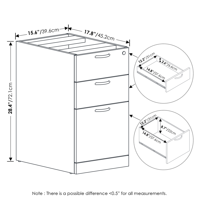 Furinno ROGER 3-Drawer Fixed Pedestal Filing Cabinet with Lock Modern Walnut