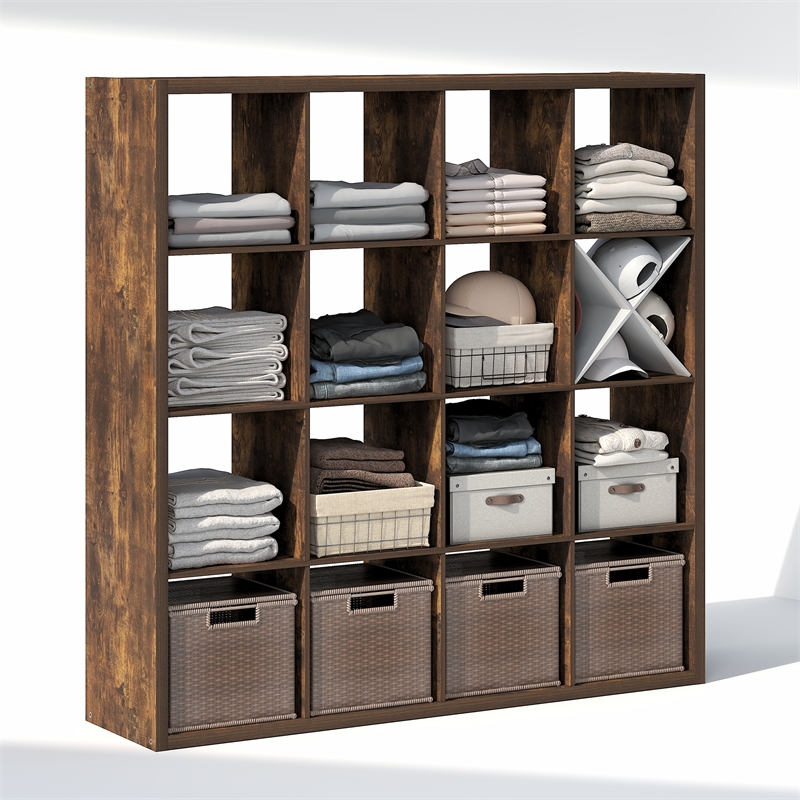 Furinno CUBIC 16-Cube Open Shelf Extra Thick Frame Amber Pine