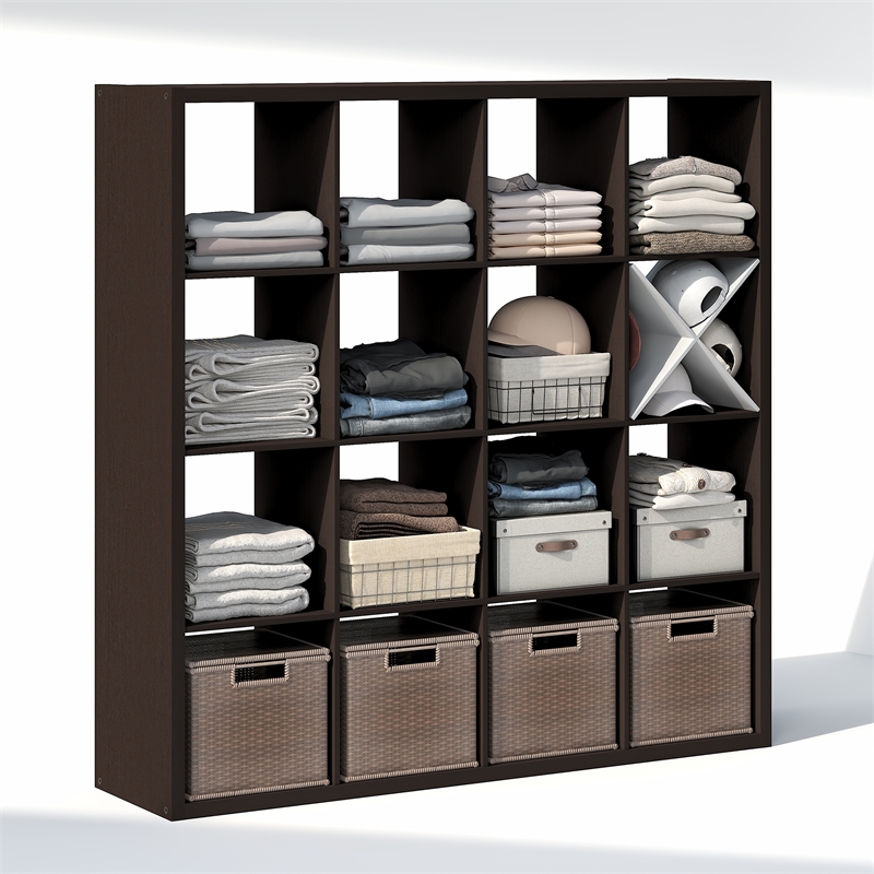 Furinno CUBIC 16-Cube Open Shelf Extra Thick Frame Black Dark Oak