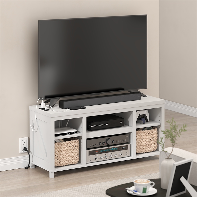Furinno FARMHOUSE TV Stand w/ Charging 3-Tier Console for TVs up to 55