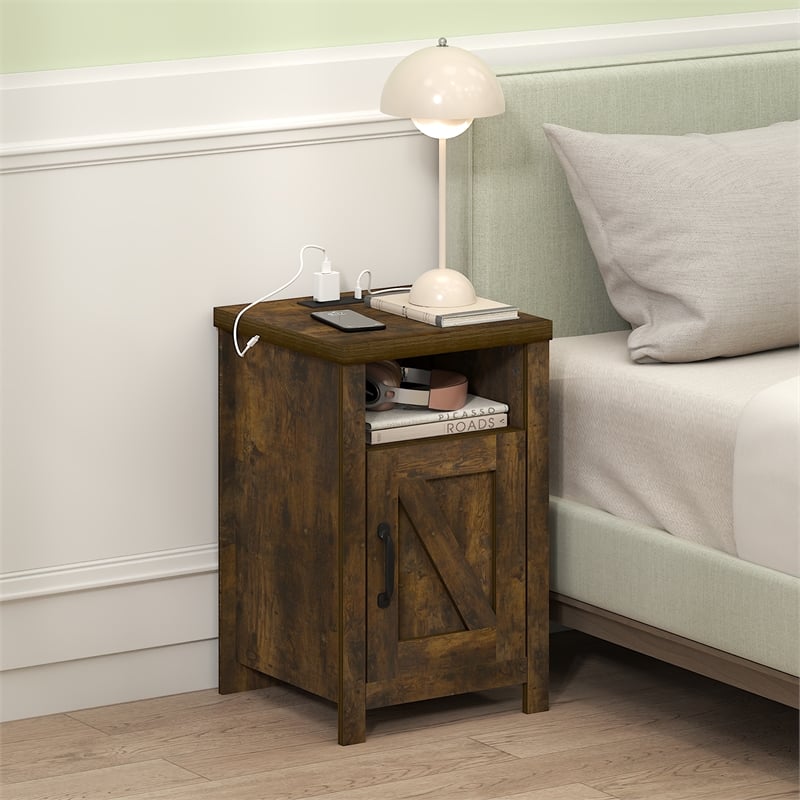 Furinno FARMHOUSE Night Stand w/ Charging USB & Outlets Bedside Table Amber Pine