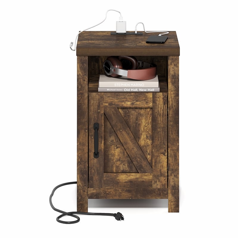 Furinno FARMHOUSE Night Stand w/ Charging USB & Outlets Bedside Table Amber Pine