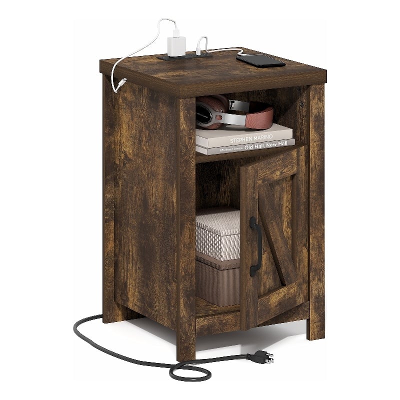 Furinno FARMHOUSE Night Stand w/ Charging USB & Outlets Bedside Table Amber Pine