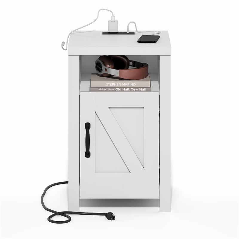 Furinno FARMHOUSE Night Stand w/ Charging USB & Outlets Bedside Table White