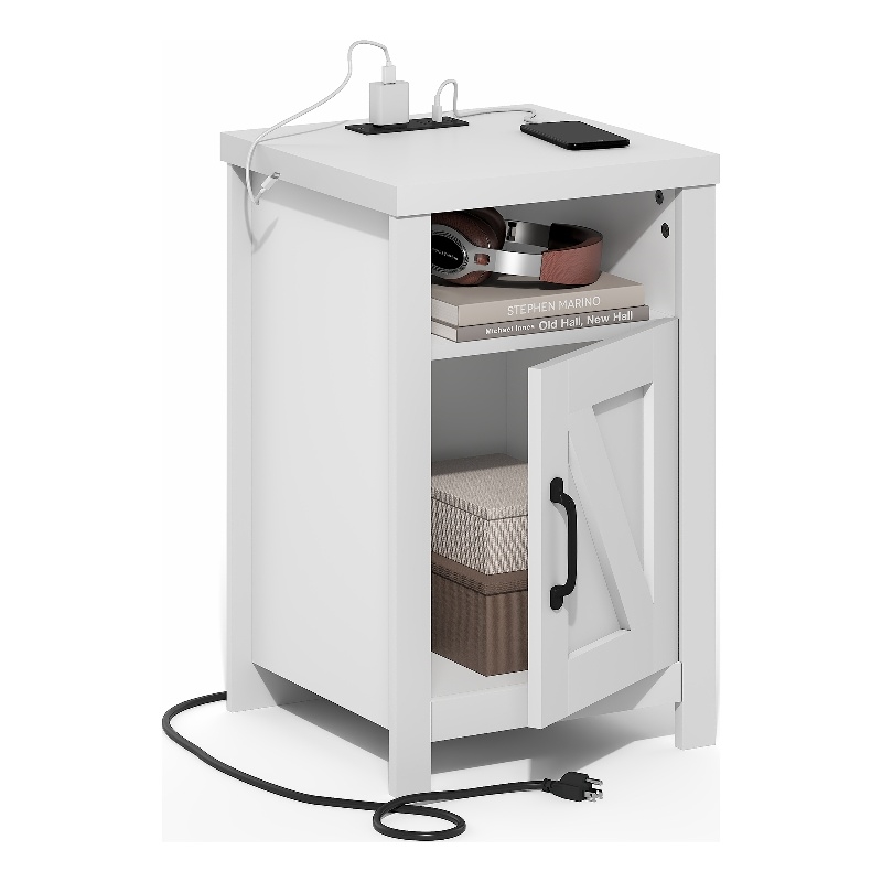 Furinno FARMHOUSE Night Stand w/ Charging USB & Outlets Bedside Table White