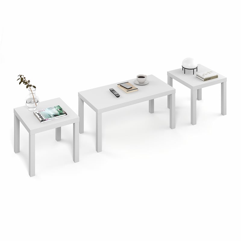 Furinno CLASSIC 3-Pc Table Set & Coffee Table & 2 Side Tables White