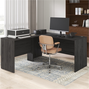 Furinno ROGER 60&quot L-Shaped Desk Reversible Return Cord Grommet Coastal Grey