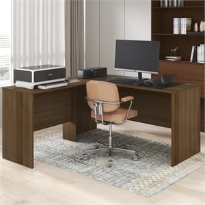 Furinno ROGER 60&quot L-Shaped Desk Reversible Return Cord Grommet Modern Walnut