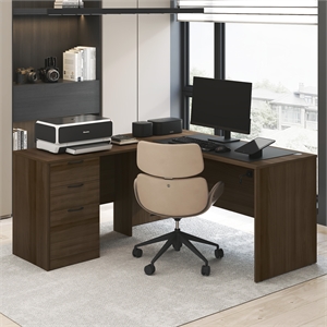Furinno ROGER 60&quot L-Shaped Desk with 3-Drawer Cord Grommet Modern Walnut