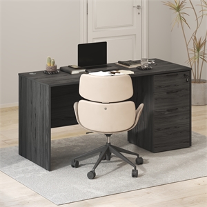 Furinno ROGER 60&quot Desk w/ File Cabinet 3-Drawer Cord Grommet Coastal Grey