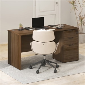 Furinno ROGER 60&quot Desk w/ File Cabinet 3-Drawer Cord Grommet Modern Walnut