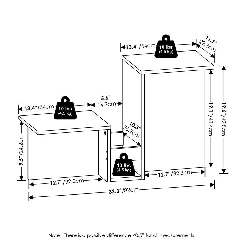 Furinno BOYATE Valley Shaped End Table Tiered Levels Shelf White