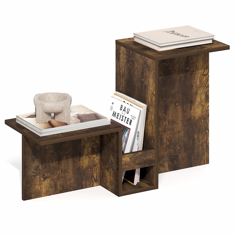 Furinno BOYATE Valley Shaped End Table Tiered Levels Shelf Amber Pine