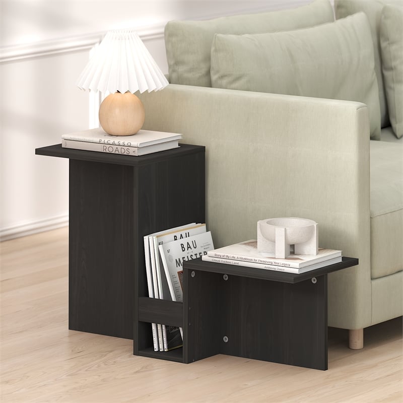 Furinno BOYATE Valley Shaped End Table Tiered Levels Shelf Espresso