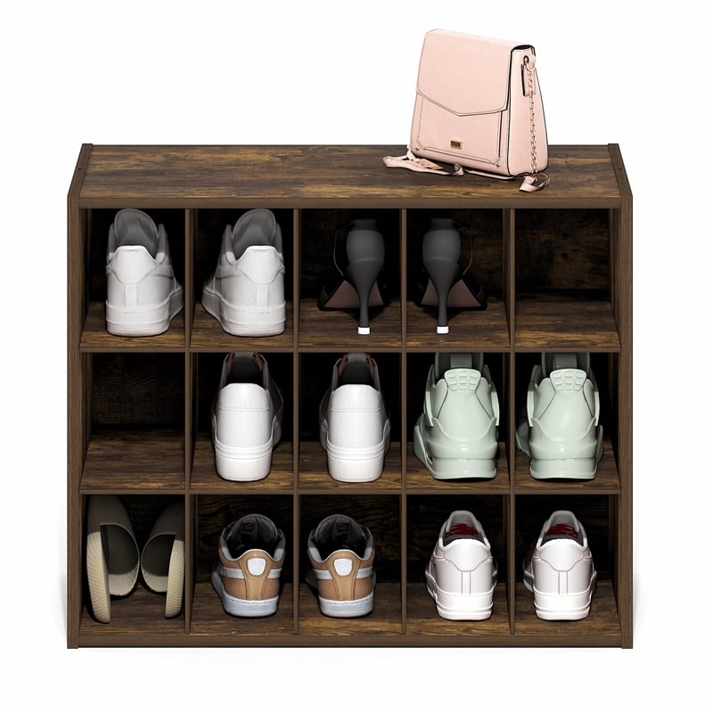 Furinno FANO 15-Cube Stackable Shoe Rack for Closet Entryway Amber Pine