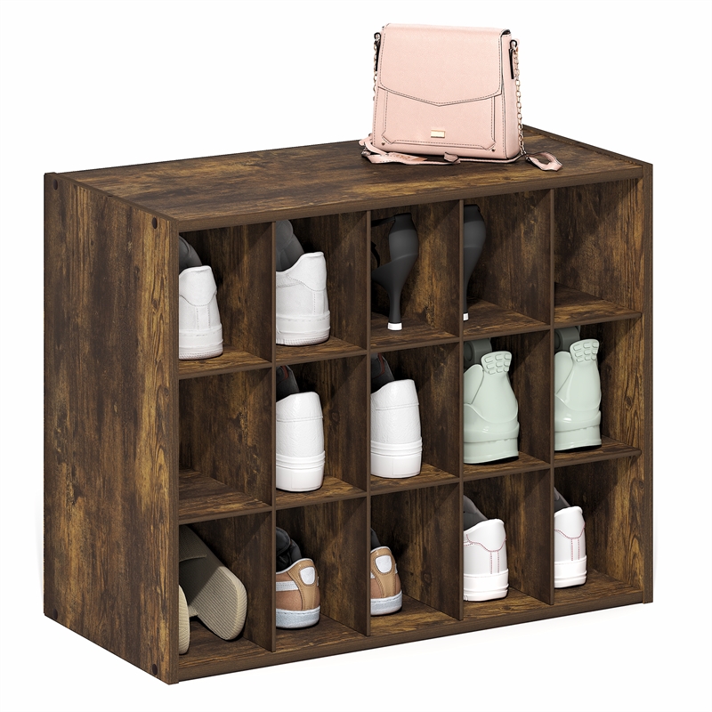 Furinno FANO 15-Cube Stackable Shoe Rack for Closet Entryway Amber Pine