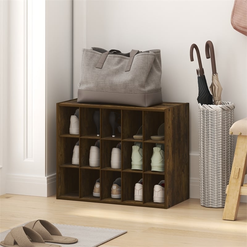 Furinno FANO 15-Cube Stackable Shoe Rack for Closet Entryway Amber Pine