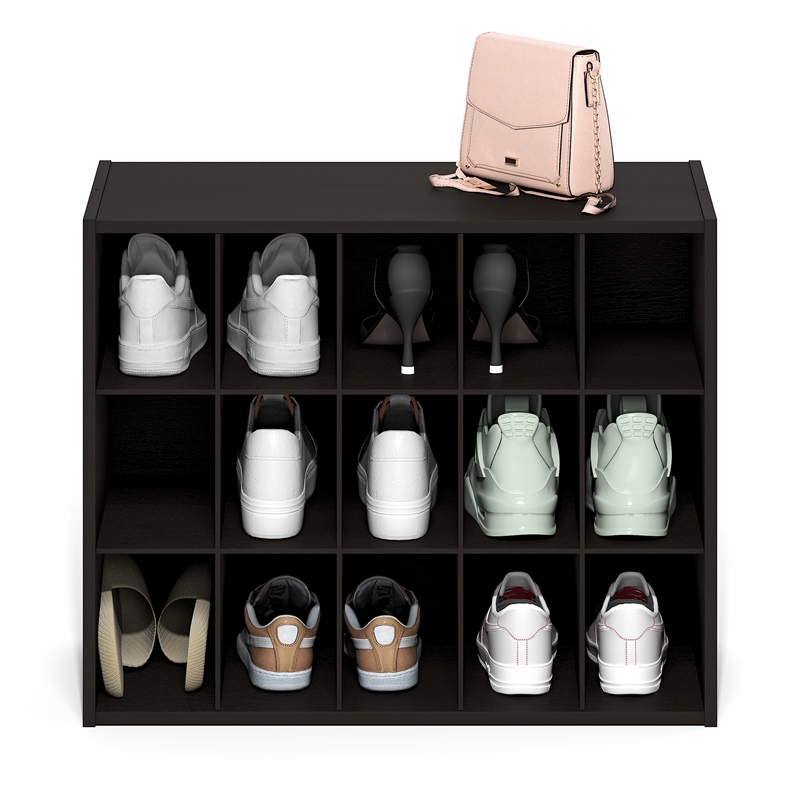 Furinno FANO 15-Cube Stackable Shoe Rack for Closet Entryway Black Dark Oak