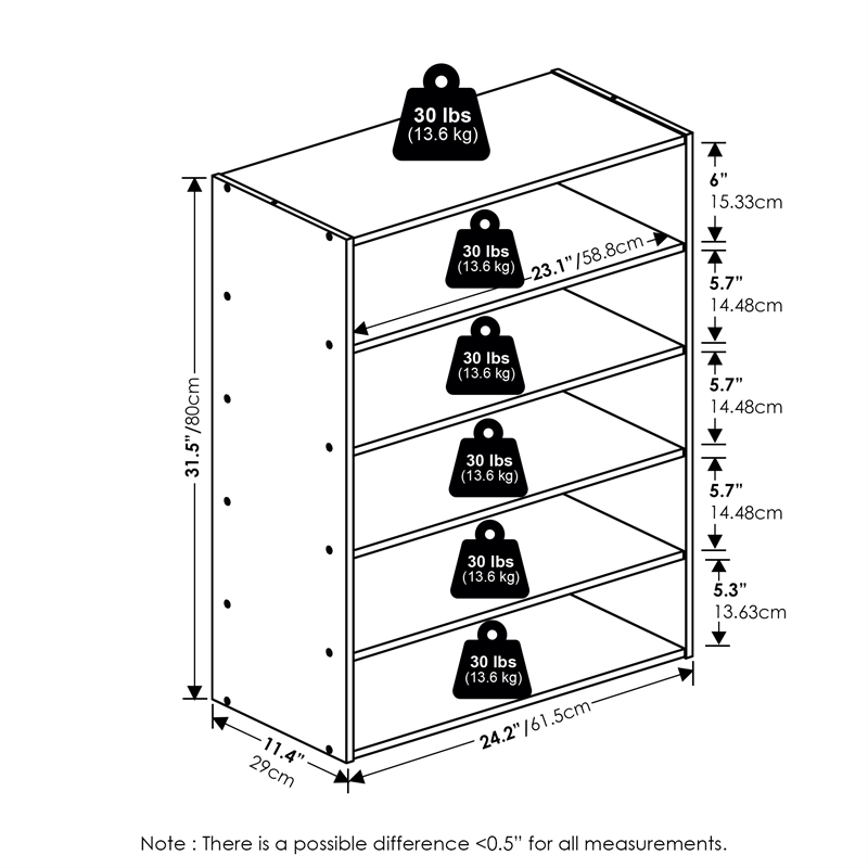Furinno FANO 5-Tier Stackable Shoe Rack for Closet Entryway Black Dark Oak