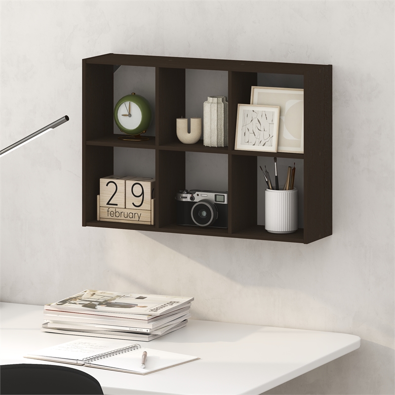Furinno ROSSI 6-Cube Floating Shelves Wall Mount Bookshelf Black Dark Oak