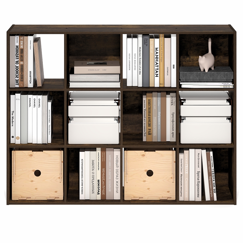 Furinno PELLI 12-Cube Storage Bookshelf for Living Room Bedroom Amber Pine