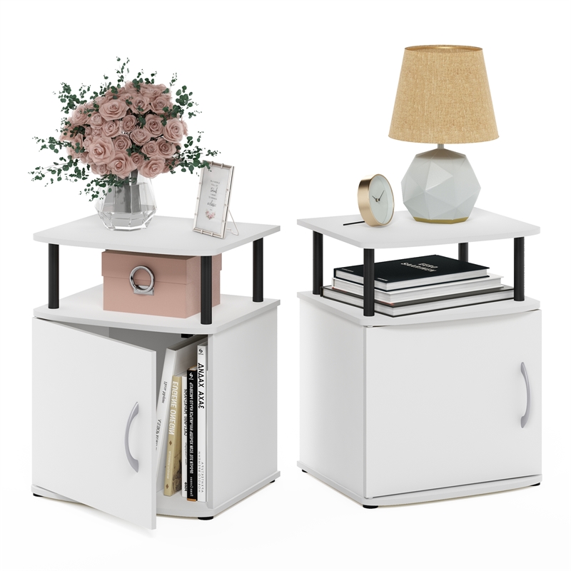 Furinno JAYA 2-Tier Open Shelf Side Table Set of 2 with Door Cabinet White
