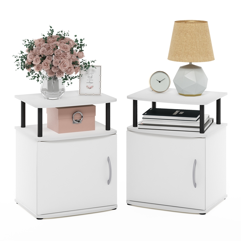 Furinno JAYA 2-Tier Open Shelf Side Table Set of 2 with Door Cabinet White