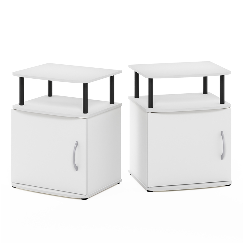 Furinno JAYA 2-Tier Open Shelf Side Table Set of 2 with Door Cabinet White
