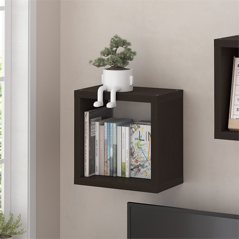 Furinno CUBICLE Extra Thick Cube Wall Mounted Bookshelf Black Dark Oak