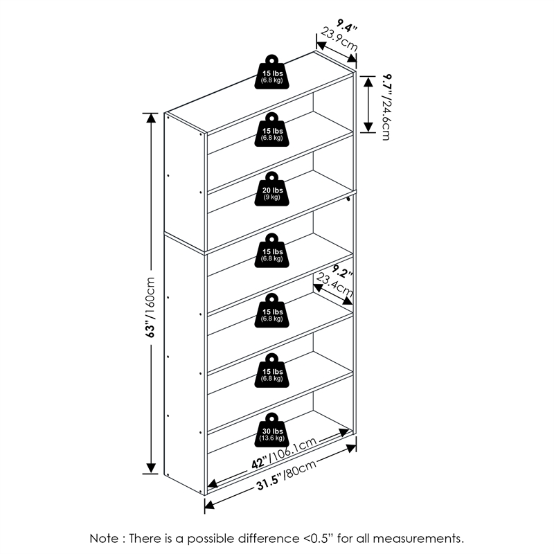 Furinno PASIR 6-Tier Open Storage Bookcase 9.4x31.5x63 Espresso