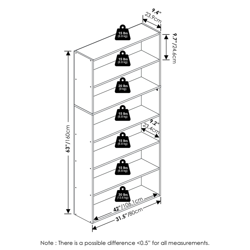 Furinno PASIR 6-Tier Open Storage Bookcase 9.4x31.5x63 White