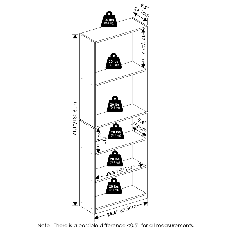 Furinno JAYA 5-Tier Open Storage Bookshelf 9.5x24.6x71.1 Espresso