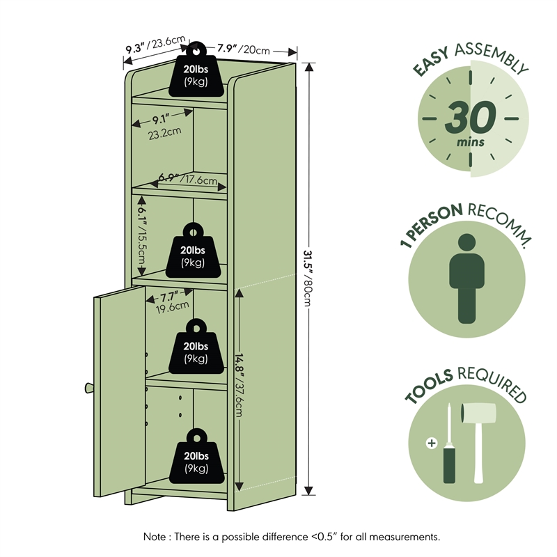 Furinno FULDA 5-Tier Narrow Adjustable Shelves Bathroom Cabinet White
