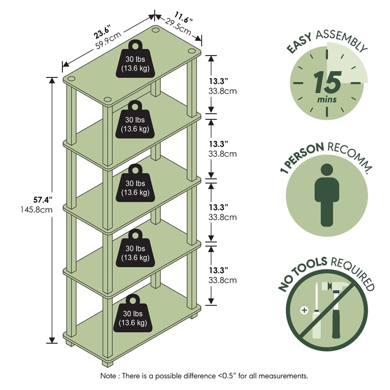 Furinno TURN-S-TUBE 5-Tier Toolless Storage Shelves Square Tubes White