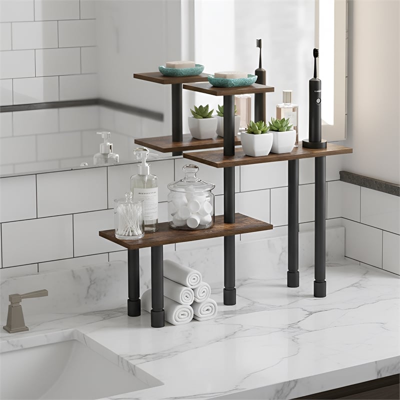 Furinno TURN-N-TUBE 3-Tier Adjustable Countertop Corner Organizer Amber Pine