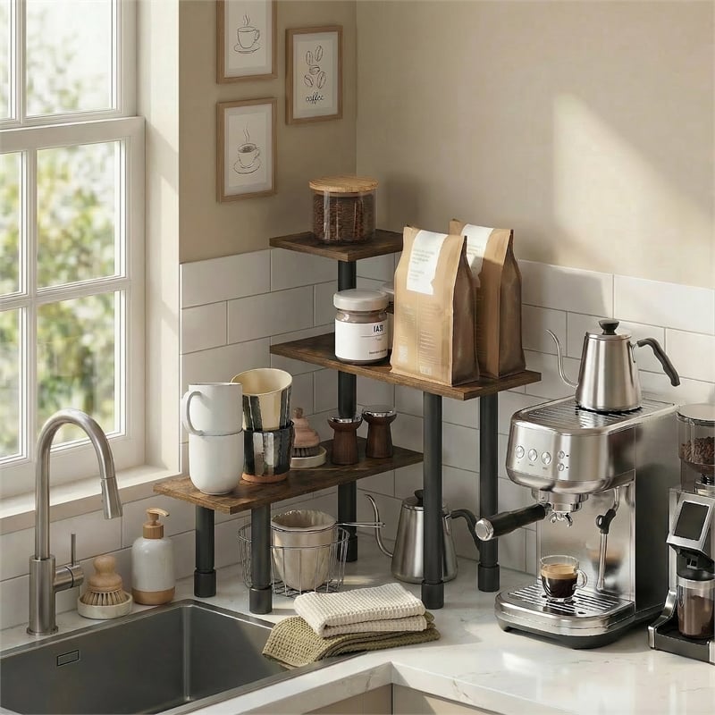 Furinno TURN-N-TUBE 3-Tier Adjustable Countertop Corner Organizer Amber Pine