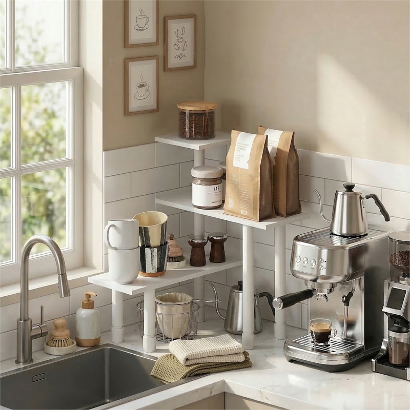 Furinno TURN-N-TUBE 3-Tier Adjustable Countertop Corner Organizer White