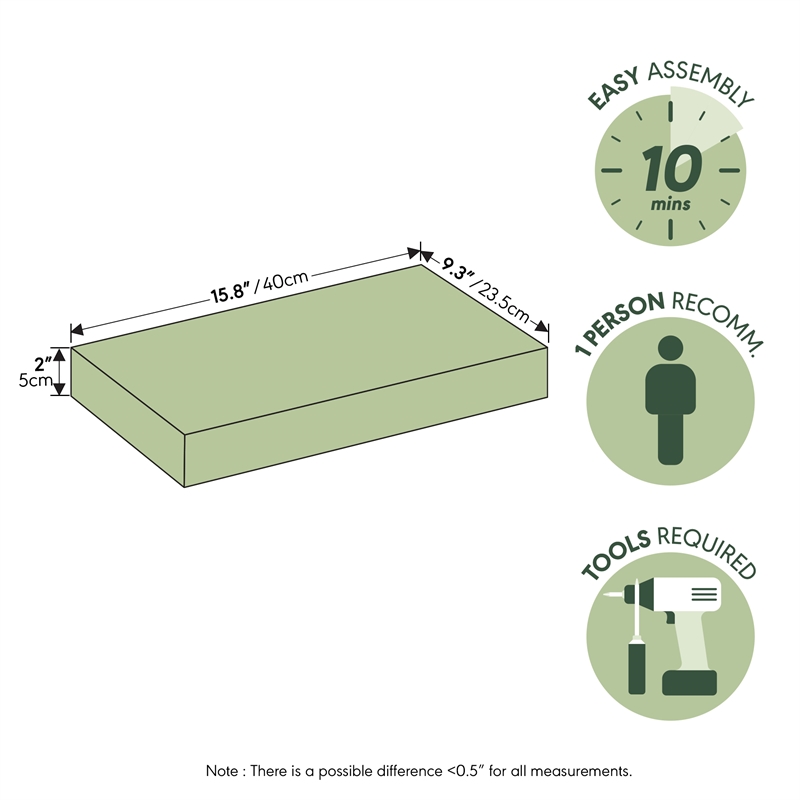 Furinno TANNA 9 x 16 2-in Thick Invisible Brackets Floating Shelves White