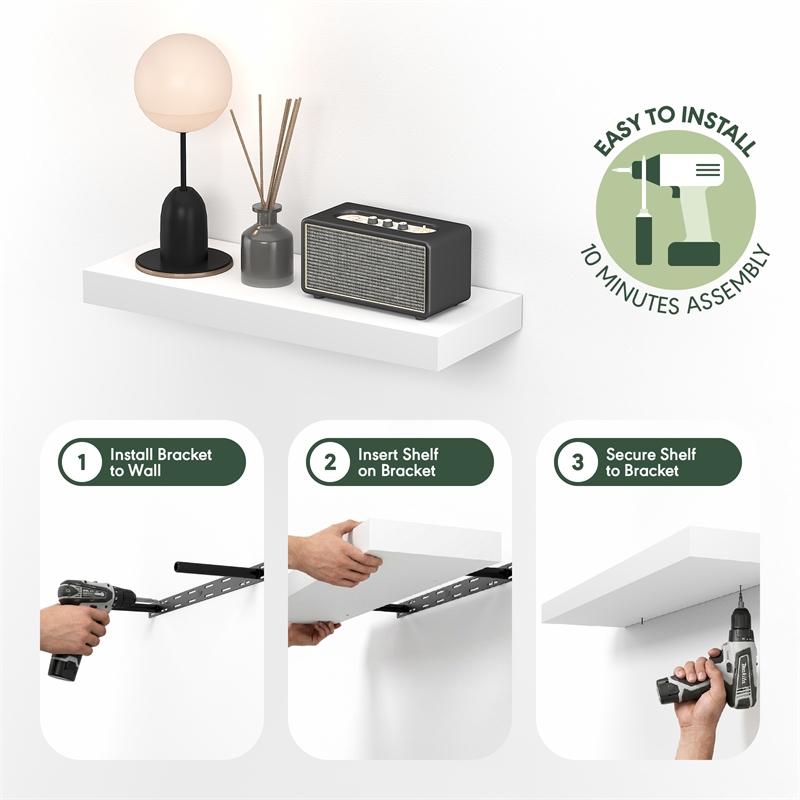 Furinno TANNA 9 x 24 2-in Thick Invisible Brackets Floating Shelves White