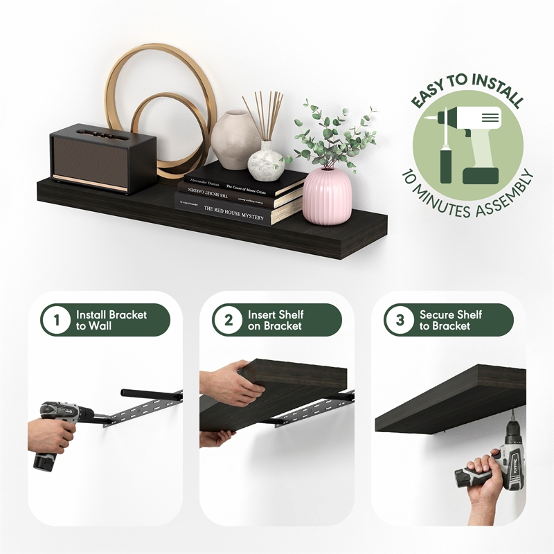 Furinno TANNA 9 x 35 2-in Thick Invisible Brackets Floating Shelves Tobacco Oak