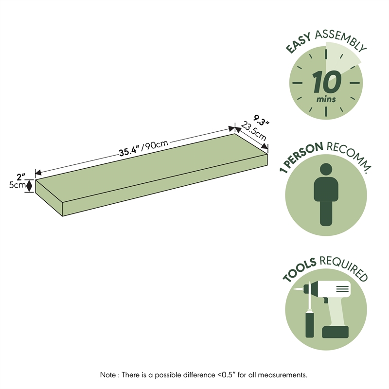 Furinno TANNA 9 x 35 2-in Thick Invisible Brackets Floating Shelves White