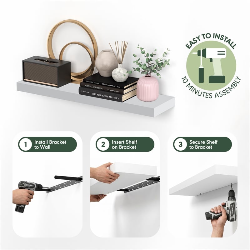 Furinno TANNA 9 x 35 2-in Thick Invisible Brackets Floating Shelves White