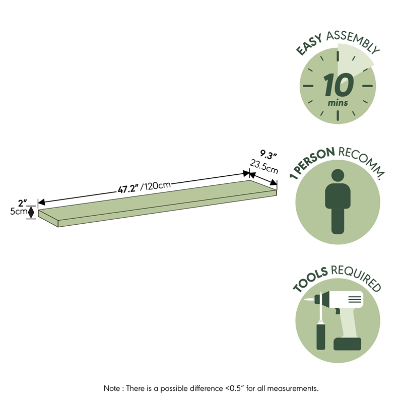Furinno TANNA 9 x 47 2-in Thick Invisible Brackets Floating Shelves White