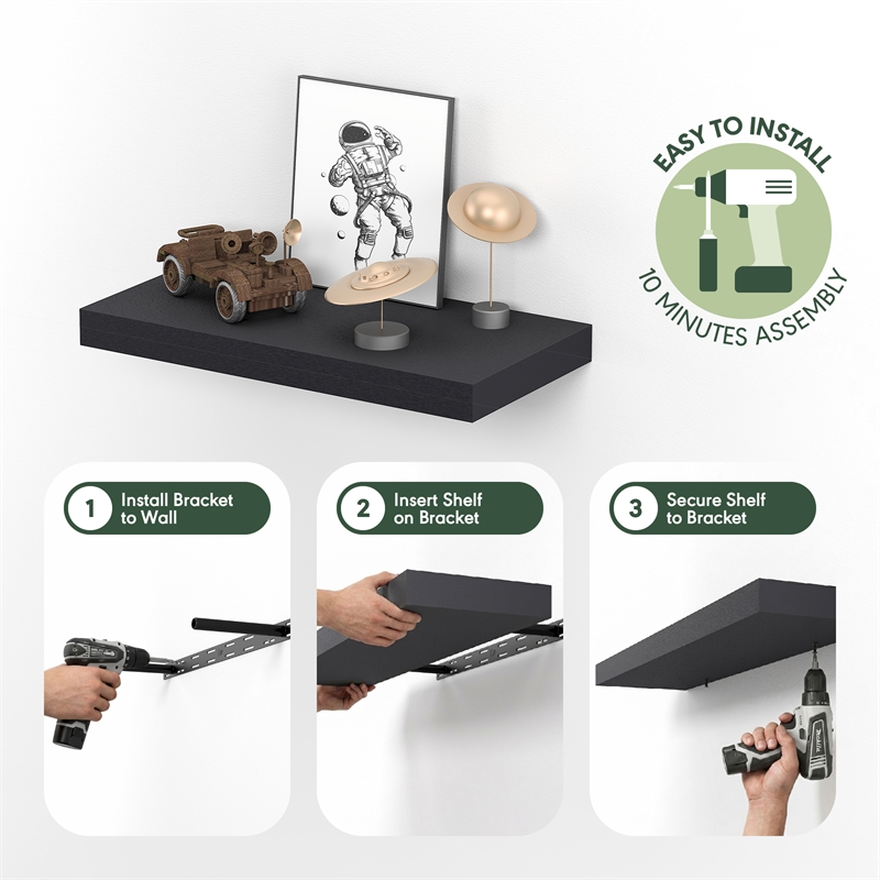 Furinno TANNA 12 x 24 2-in Thick Invisible Brackets Floating Shelves Americano