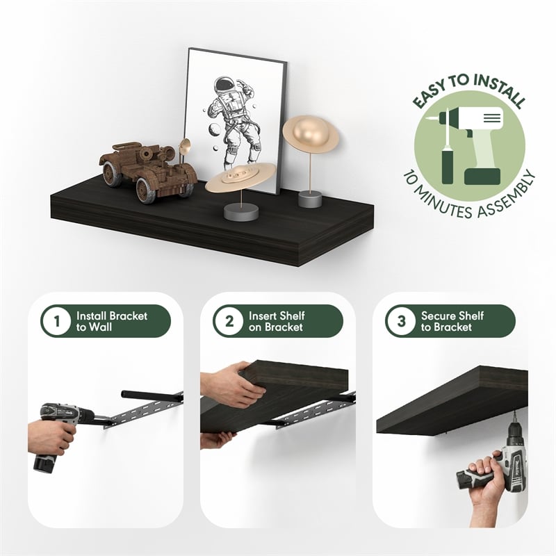 Furinno TANNA 12 x 24 2-in Thick Invisible Brackets Floating Shelves Tobacco Oak